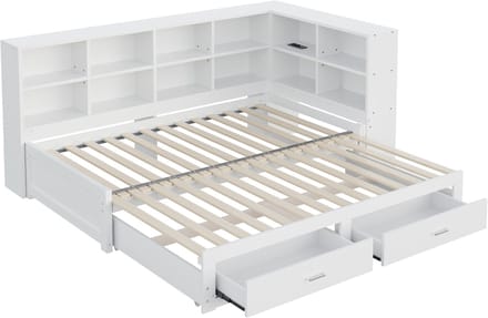 COVREO Bed 180x190 cm wit met opbergruimte en uitschuifbed zonder matras