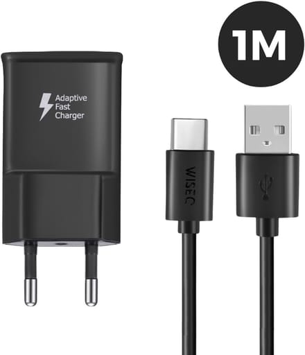 WiseQ Oplader USB C - Geschikt voor Samsung - 18W Fast Charger - Inclusief USB C Kabel 1 Meter - Zwart