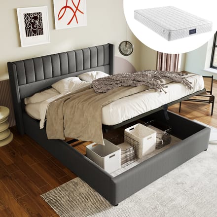 MODFU Bedframe 140x200 cm – grijs linnen – met hydraulische opbergruimte en lattenrost