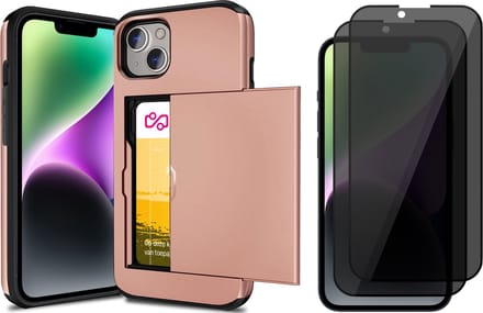 Hoesje met Pasjeshouder geschikt voor iPhone 14 Plus - 2x Privacy Screen Protector FullGuard - Back Cover SlideCase Roségoud & Screenprotector