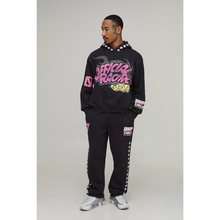 Oversized Boxy Moto Grafische Puff Print Trainingspak Met Capuchon | Black | Size Medium