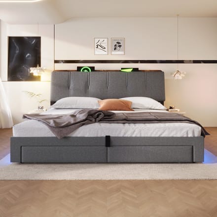 MODFU Gestoffeerd Bed - Opbergruimte En USB-C - Modern - Voor Slaapkamer - Linnen - Grijs - 180 X 200 Cm