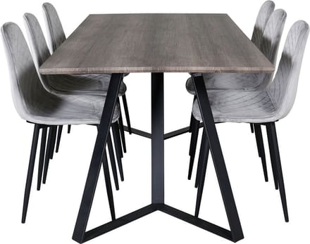 MarinaGRBL eethoek eetkamertafel el hout decor grijs en 6 Polar Diamond eetkamerstal velours grijs.