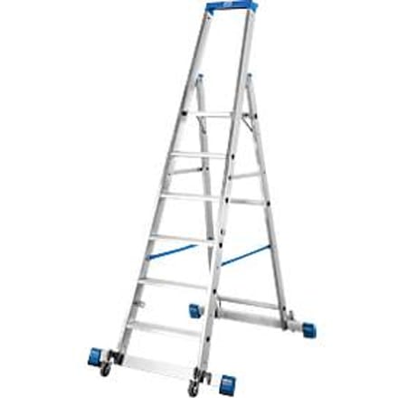 Trapladder, met 6 treden, aluminium, verrijdbaar met dwarssteun