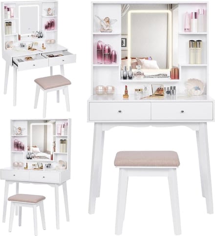 Make-uptafel met LED-verlichting en kruk - 3 kleuren - 5 laden - wit make up tafel