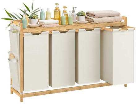 Wasmand – 4 compartimenten – 4 x 50 L – 124,6 x 33 x 78 cm – Crèmewit