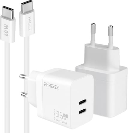 Phreeze usb C oplader 35w met usb C naar usb C kabel 1 meter - Power Delivery snellader - GaN charger met 2 usb C poorten