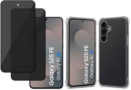 TechNow Hoesje + 2x Privé Screenprotector geschikt voor Samsung Galaxy S25 FE Hoesje Screenprotector - Privacy Tempered Glass - Case Transparant