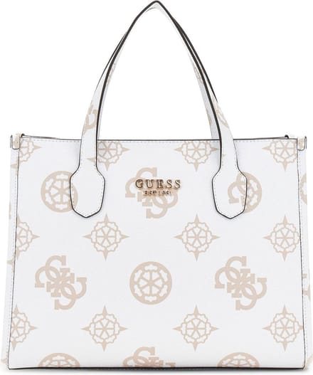 GUESS Handtas Schoudertas Silvana 2 Compartment Tote White Logo Wit