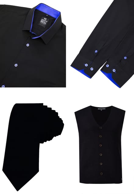Driedelig pak met overhemd, vest en stropdas