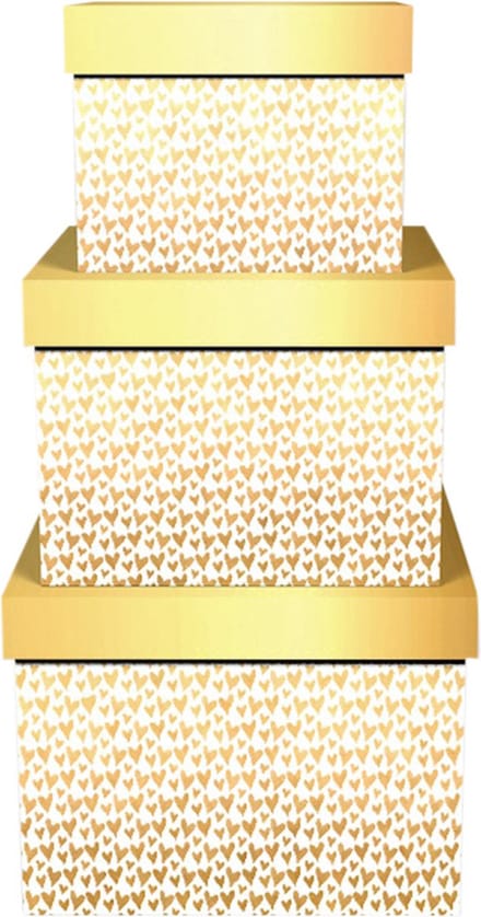 Dekoratief | Set 3 dozen vierkant 'Mini Hearts Gold', 18x18x14cm | A245983
