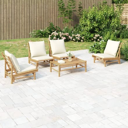 vidaXL - 5-delige - Loungeset - met - kussens - bamboe - crèmewit