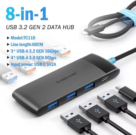 Lemorele TC110 – 8-in-1 USB Hub – USB 3.2 Gen 2 – 3x 10Gbps + 4x 5Gbps USB-A – 5V/2A Power Ingang – 60cm Kabel – Plug & Play – Voor SSD/HDD, Laptop & Desktop