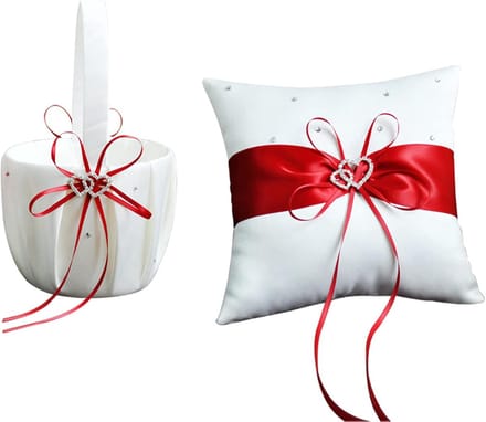 Bloemenmand en Ringkussen - Bruiloft Set - Bruiloft Decoratie - Dubbele Hart Decoratie - 22x13cm en 20x20cm - Wit