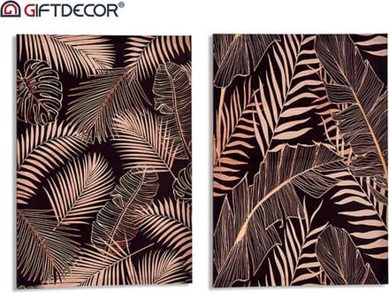 Set van 2 Canvas Schilderijen met Palmbladeren – Zwart/Brons – 50 x 70 cm