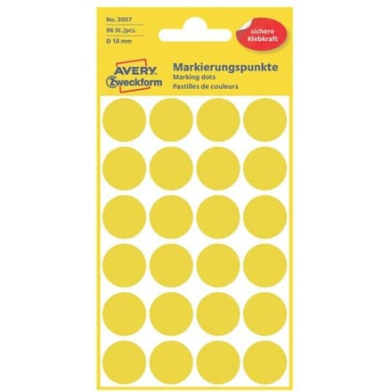 Avery-Zweckform 3007 Etiketten voor markeringspunten Ø 18 mm Geel 96 stuk(s) Permanent hechtend Papier