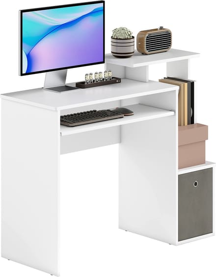 Computerbureau met toetsenbordlade - Bureau met opbergruimte en planken - Compact pc bureau voor thuiswerken en studeren - 100x40x86,6 cm - Wit/grijs