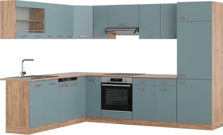 Vicco Hoekkeuken R-Line, Blauw-grijs/Goudkleurig Eiken, 287 x 227 cm, WB Eik