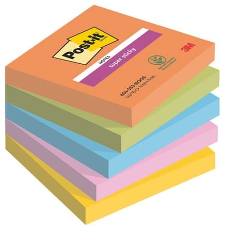 Post-it Super Sticky notes Boost | 90 vel | ft 76 x 76 mm | geassorteerde kleuren | pak van 5 blokken