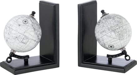 J-Line boekensteun Wereldbol - hout - grijs/zwart - set van 2