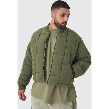 Plus Boxy Peached Square Quilted Bomber Jacket | Khaki | Size 4XL