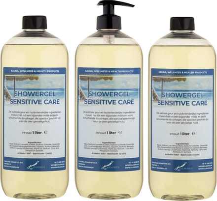 Douchegel Sensitive Care 1 Liter - set van 3 stuks - met gratis pomp - Showergel