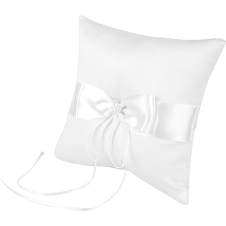 Coussin porte-alliances en satin blanc avec nœud papillon et perles artificielles, 15 x 15 cm white
