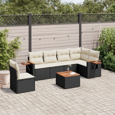 vidaXL - 7-delige - Loungeset - met - kussens - poly - rattan - zwart