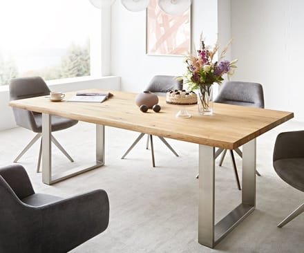 Eettafel Edge eiken natuur 200x100x2,5-3 edelstaal smal Live-Edge