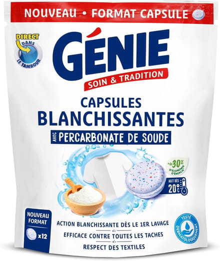 Genie Wasmiddel Capsules Blancherend – Met Percarbonaat van Soda – 12 Capsules (240 g) – Voor Stralend Witte Was