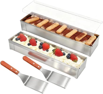 Tiramisu Cake Pan 2 Pack Antiaanbak Rectangle met Acryl Deksel en 2 Metalen Spatels Verwijderbaar Frame 304 RVS