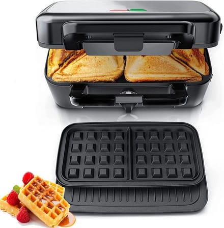 Wafelijzer Panini Maker - 3-in-1 Apparaat - Snacks Maken - Temperatuurregeling - 28.9 x 22.9 cm - Zwart