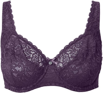 Ulla Popken - Dames - Beugelbeha gebloemd kant zuiver kant - Aubergine - Maat 110F
