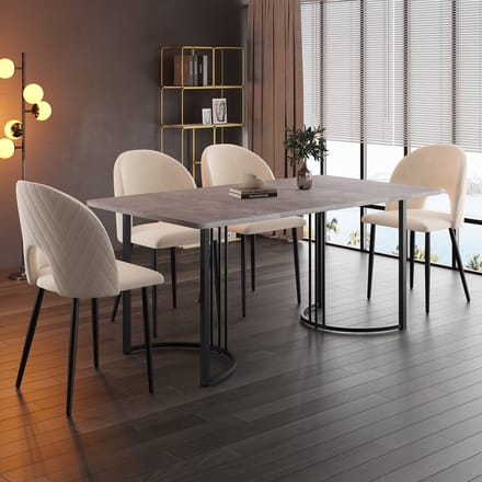 MODFU - Eetkamerset - 5-Delig - Met Marmereffect En Verstelbare Poten - Modern - Fluweel En MDF - Beige