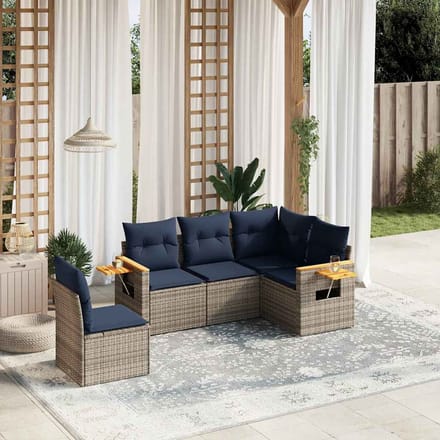 vidaXL - 5-delige - Loungeset - met - kussens - poly - rattan - grijs