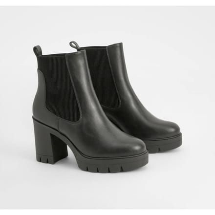 boohoo Dames Brede pasvorm, getextureerde Chelsea-laars met chunky hak | Zwart | Maat: 38