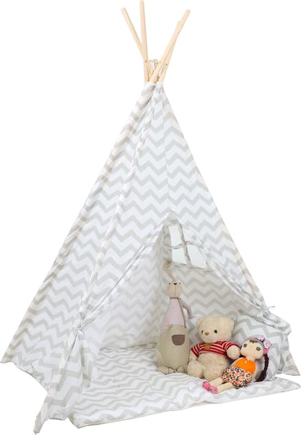 Tipi tent - speeltent - met vloermat en kussens – grijs zigzag