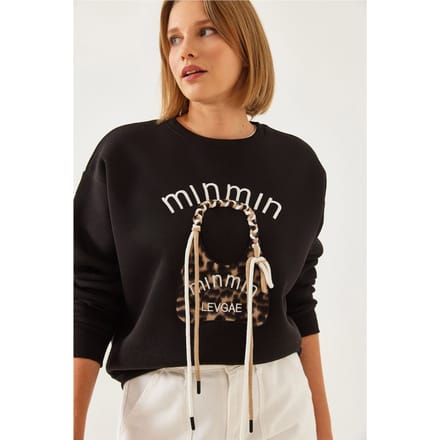 Geborduurd Luipaard Patroon Sweater met Ronde Hals