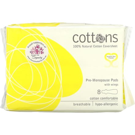 Katoen, 100% natuurlijk katoenen toplaag, premenopauzale vleugelpad, 8 pads beige