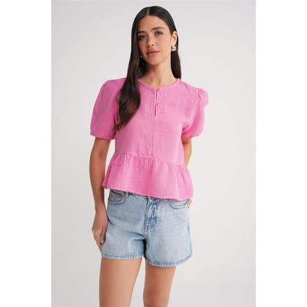 Gestructureerde Mousseline Blouse met Ronde Hals en Knopen Sluiting