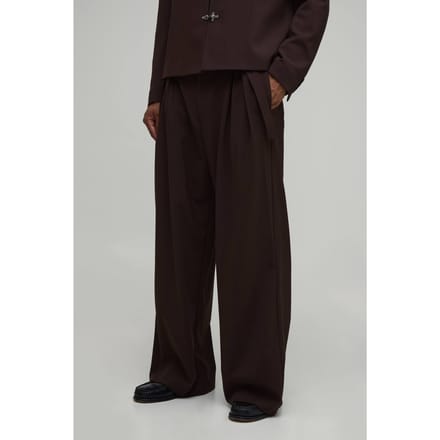 Pantalon De Costume Large À Double Plis Et Ceinture Ajustée | Chocolate | Size 32