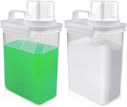 Multifunctionele Wasmiddel Dispenser met Maatbeker: 2 Stuks 2000ml, Ideaal voor Waspoeder en Cerealopslag, Ruimtebesparend en Luchtdicht