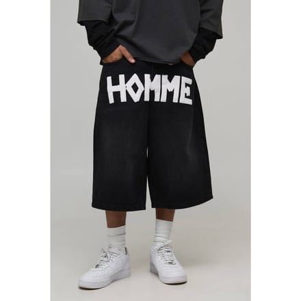 Tape Effect Crotch Print Longline Denim Jorts | Washed Black | Size 48
