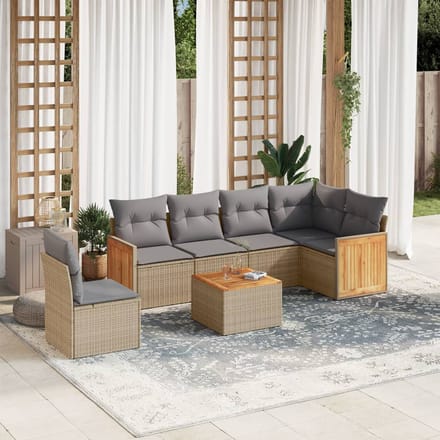 vidaXL - 7-delige - Loungeset - met - kussens - poly - rattan - beige