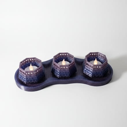 3D-geprinte Theelichthouders – Set van 3 – Modern Opengewerkt Design – Donkerblauw met Glitter