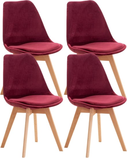 CLP Set van 4 Eetkamerstoelen Linares - met rugleuning - beukenhouten frame - Fluweel/bordeauxrood