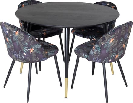 DippØ115BLBR eethoek eetkamertafel zwart en 4 Velvet eetkamerstal velours gebloeid.