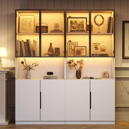 Vitrinekast - 30x160x200 cm - Glazen Deuren en LED - Instelbare Helderheid - MDF - Wit