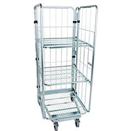 Nestbare rolcontainer, 3-zijdig, gegalvaniseerd, draagvermogen 500 kg, 2 tussenlegborden,