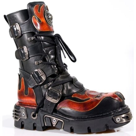 New Rock Flame geaccentueerde zwart/rode leren biker-schedellaarzen - 107-S1